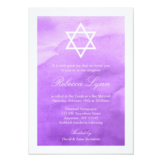 Purple Watercolor Bat Mitzvah Invitations | Zazzle.com