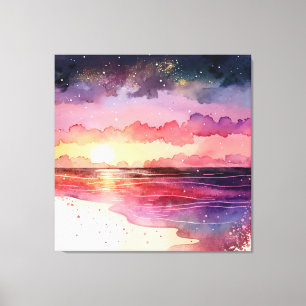 Purple Watercolor Beach Sunset Canvas Print