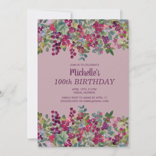 Purple Watercolor Berries Floral 100th Birthday Invitation