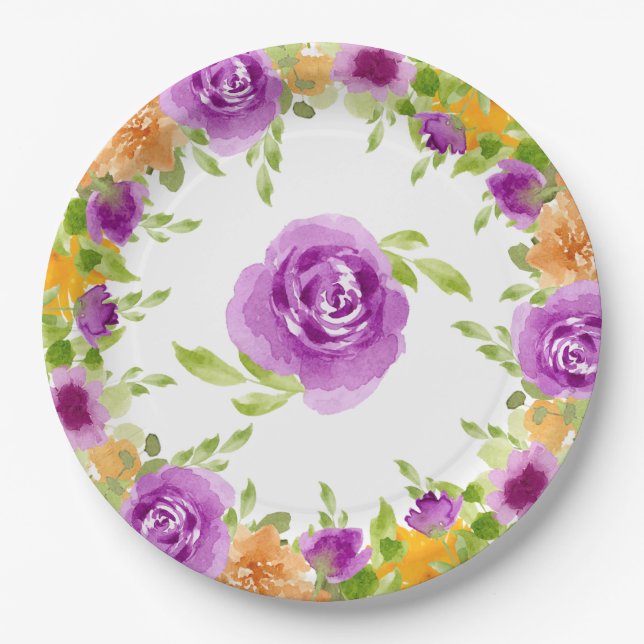 Purple Watercolor Blooms Floral Paper Plates (Front)