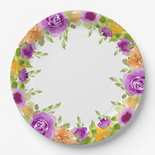 Purple Watercolor Blooms Floral Wedding Paper Plates (Front)