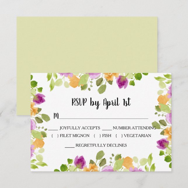 Purple Watercolor Blooms Wedding RSVP Card (Front/Back)