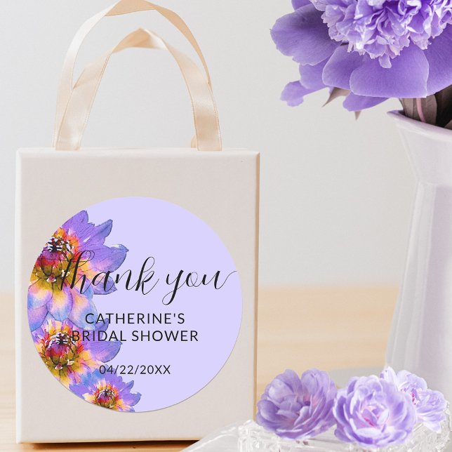 Purple Watercolor Blossoms Bridal Shower Thank You Classic Round Sticker (Creator Uploaded)