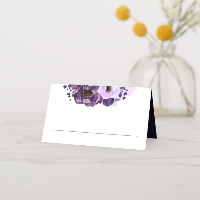Purple Watercolor Blossoms Modern Royal Wedding Place Card (Front)