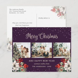 Purple Watercolor Botanical Snow Photo Collage Holiday Postcard
