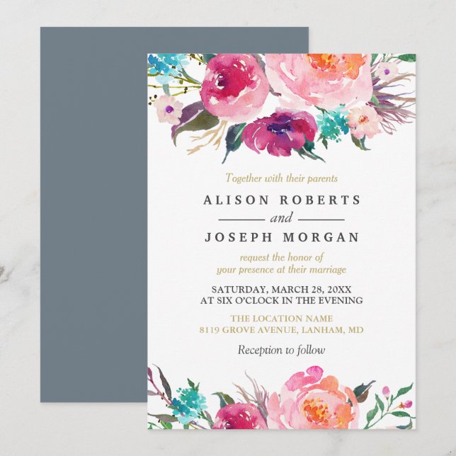 Purple Watercolor Botanical Wedding Invitation (Front/Back)