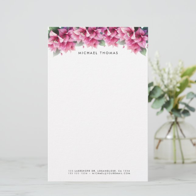 Purple Watercolor Bougainvillea Personalized Stationery (Standing Front)