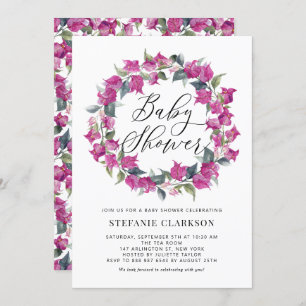 Purple Watercolor Bougainvillea Wreath Baby Shower Invitation