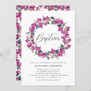 Purple Watercolor Bougainvillea Wreath Baptism Invitation