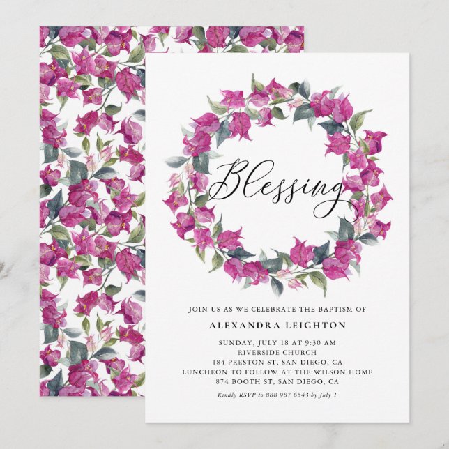 Purple Watercolor Bougainvillea Wreath Blessing Invitation (Front/Back)