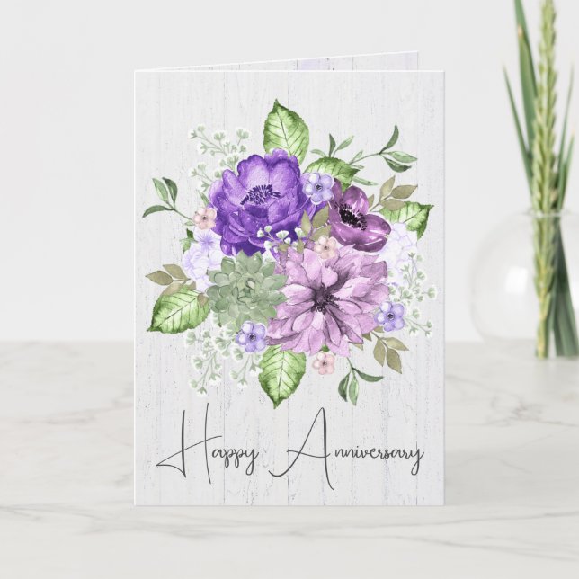 Purple Watercolor Bouquet For Anniversary Card (Front)