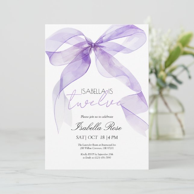 Purple Watercolor Bow Birthday Invitation (Standing Front)