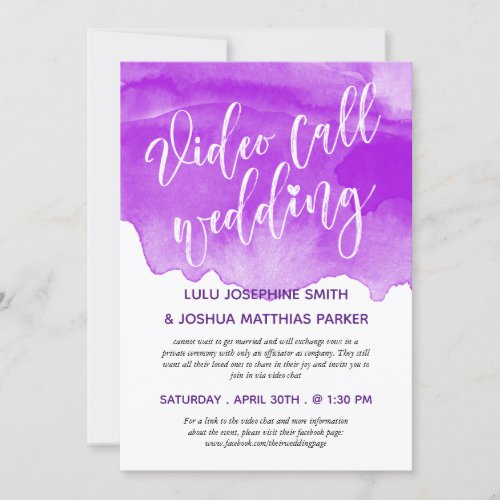 Purple Watercolor Brush Script Video Call Wedding Invitation