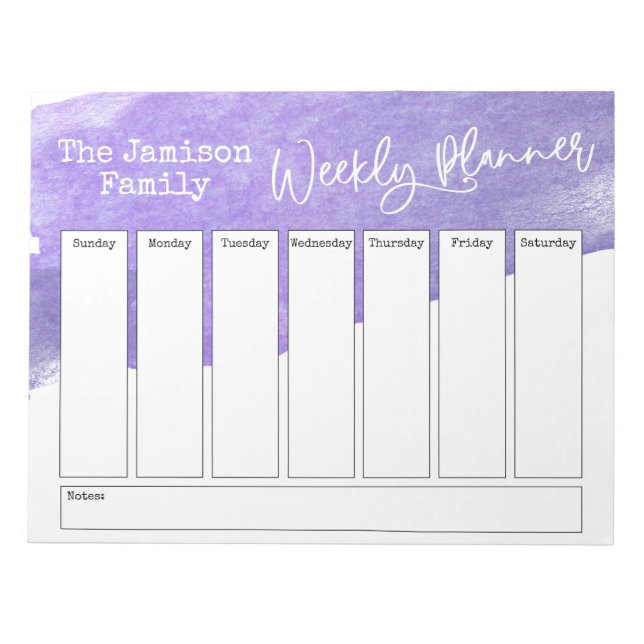 Purple Watercolor Brushstroke Weekly Planner Notepad (Front)