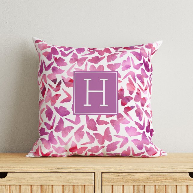 Purple Watercolor Butterflies Monogrammed Throw Pillow (Creator Uploaded)