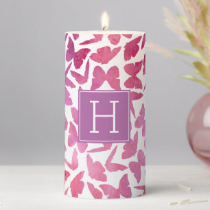 Purple Watercolor Butterflies Pattern Pillar Candle