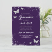Purple Watercolor Butterfly Dress Quinceanera  Invitation (Standing Front)