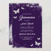 Purple Watercolor Butterfly Dress Quinceanera  Invitation (Front/Back)