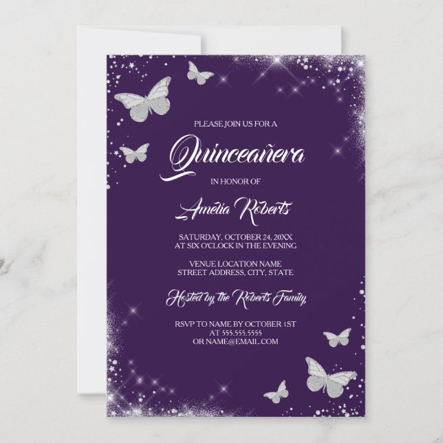 Purple Watercolor Butterfly Dress Quinceanera  Invitation (Front)