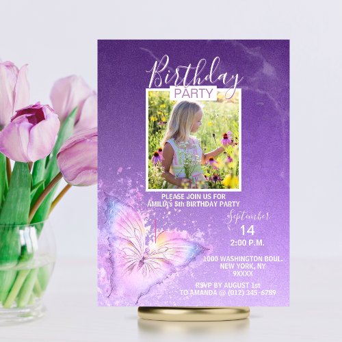 Purple Watercolor Butterfly Girl Birthday  PHOTO Invitation