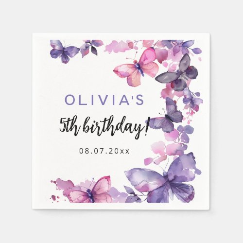 Purple Watercolor Butterfly Girls Birthday Napkins