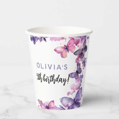 Purple Watercolor Butterfly Girls Birthday Paper Cups