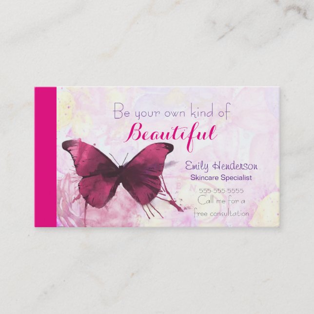 Purple Watercolor Butterfly on Pink and Yellow Business Card (Front)