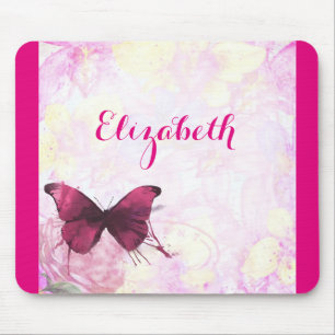 Purple Watercolor Butterfly on Pink and Yellow Mouse Pad