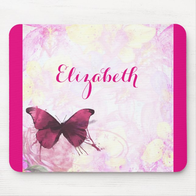 Purple Watercolor Butterfly on Pink and Yellow Mouse Pad (Front)