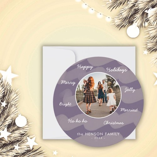 Purple Watercolor Christmas Wishes Family Photo Holiday Card