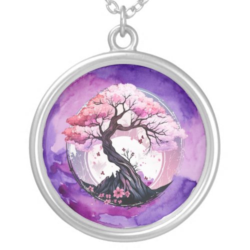 Purple Watercolor Circle Cherry Blossom Tree Silver Plated Necklace