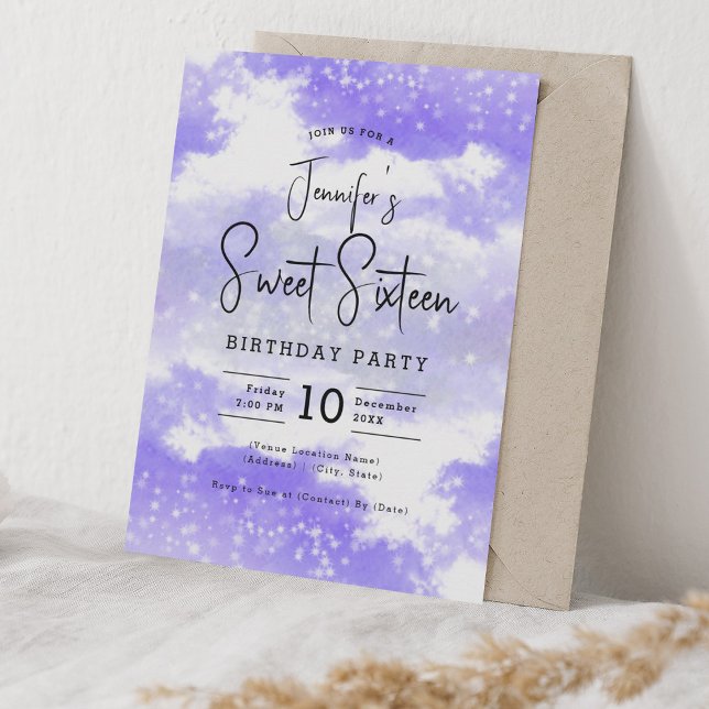Purple Watercolor Clouds Sweet 16 Party Invitation (Purple Watercolor Clouds Sweet 16 Party Invitation)