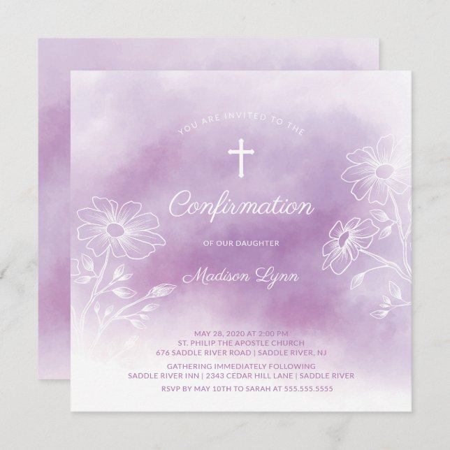 Purple Watercolor Confirmation Invitation (Front/Back)