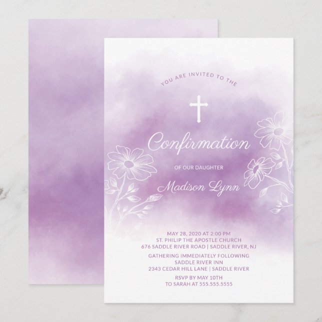 Purple Watercolor Confirmation Invitation (Front/Back)