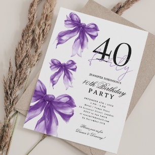 Purple Watercolor Coquette Bow 40th Birthday  Invitation