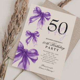 Purple Watercolor Coquette Bow 50th Birthday Beige Invitation