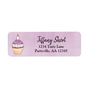 Purple Watercolor Cupcake Birthday Address Label