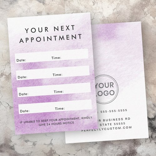 Purple watercolor custom logo vertical appointment card