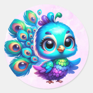 Purple Watercolor Cute Peacock Girl Baby Shower Classic Round Sticker