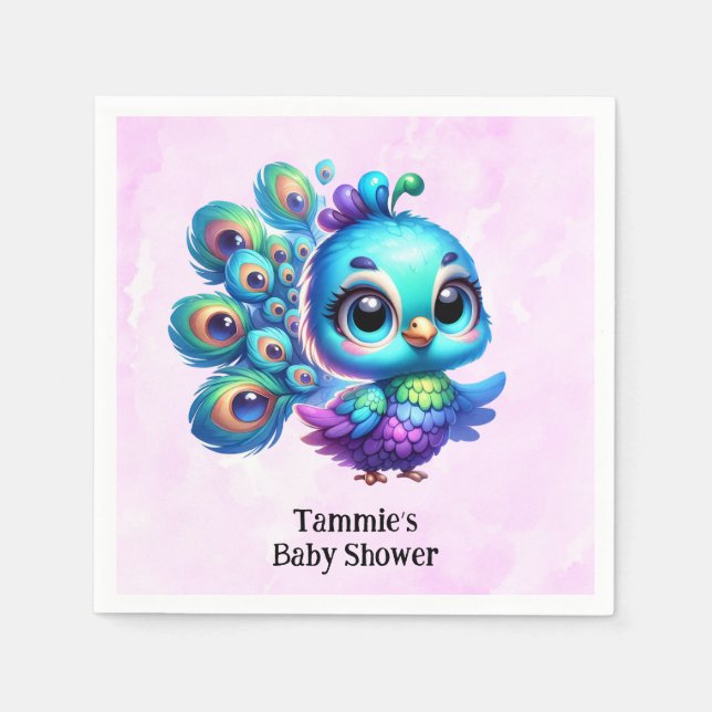 Purple Watercolor Cute Peacock Girl Baby Shower Napkins (Front)