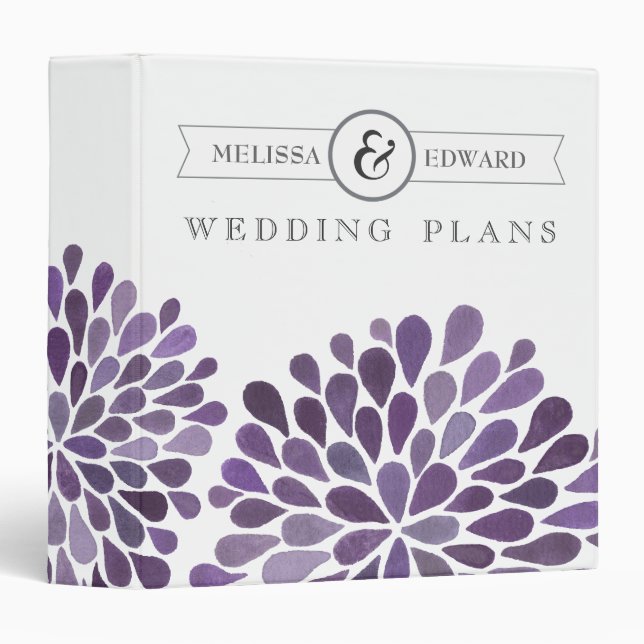 Purple Watercolor Dahlias Wedding Planner Binder (Front/Spine)