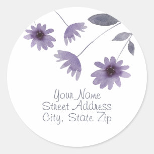 Purple Watercolor Daisy Stems Classic Round Sticker