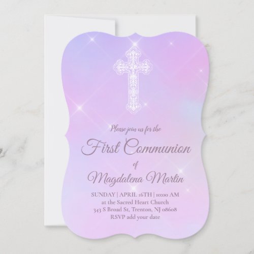 purple watercolor design  First Communion girl Invitation