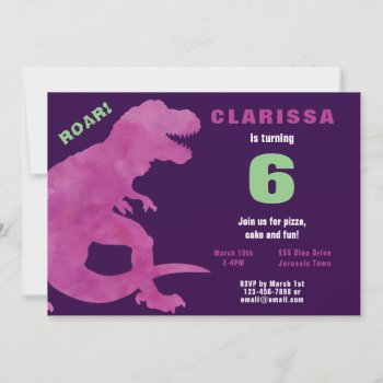 Purple Watercolor Dinosaur Birthday Invitation by LilPartyPlanners at Zazzle