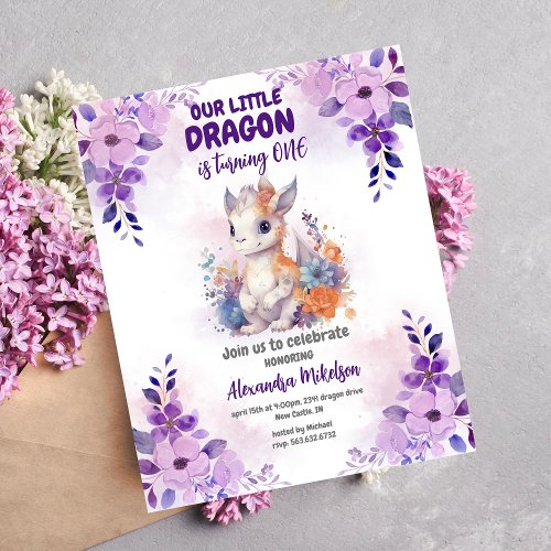 Purple Watercolor Dragon Baby 1st Birthday Invitation