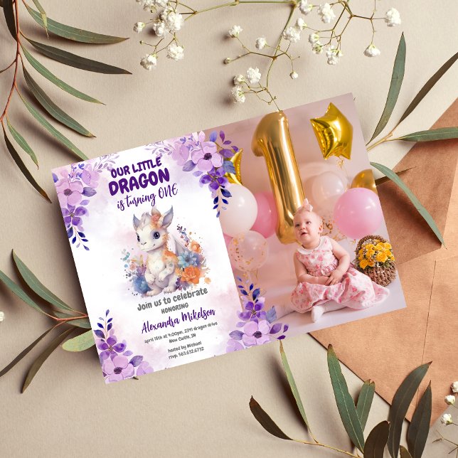 Purple Watercolor Dragon Baby 1st Birthday Photo Invitation (Creator Uploaded)