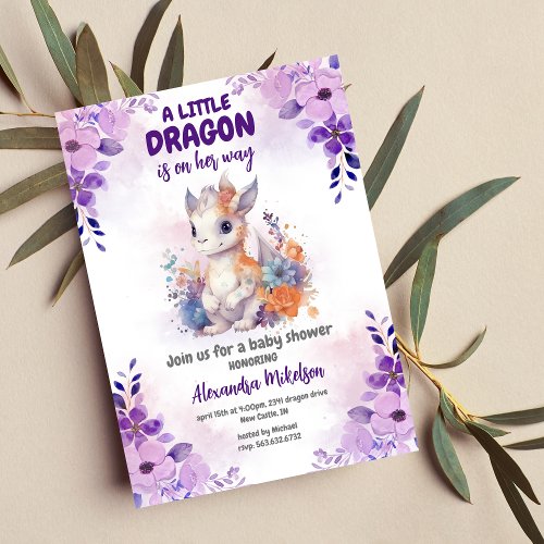 Purple Watercolor Dragon Baby Shower Invitation