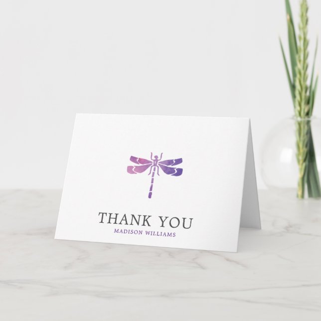 Purple Watercolor Dragonfly Thank You Card (Front)
