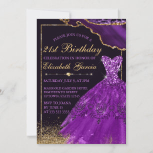 Purple Watercolor Dress agate 21st Birthday Invitation