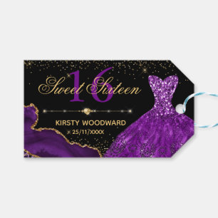 Purple Watercolor Dress & glitter agate Sweet 16 Gift Tags